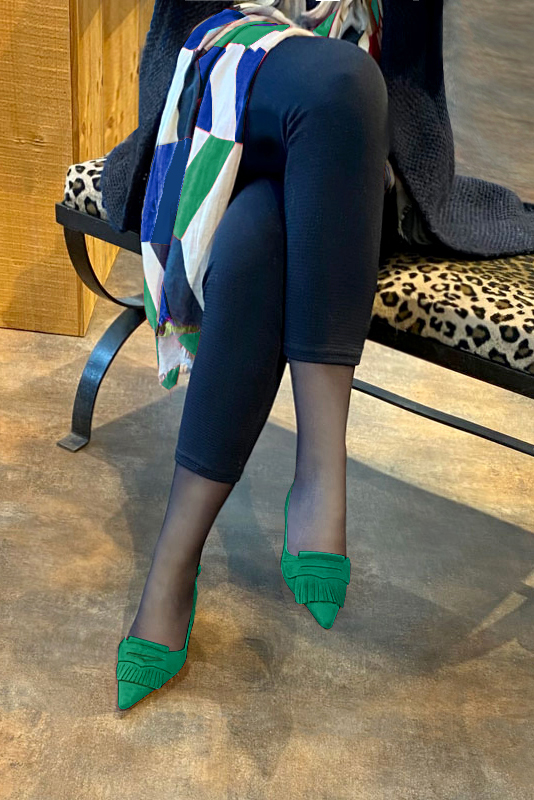 Emerald green women's slingback shoes. Pointed toe. Medium spool heels. Worn view - Florence KOOIJMAN